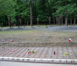 Tabliczki epitafijne, w tle kurhany